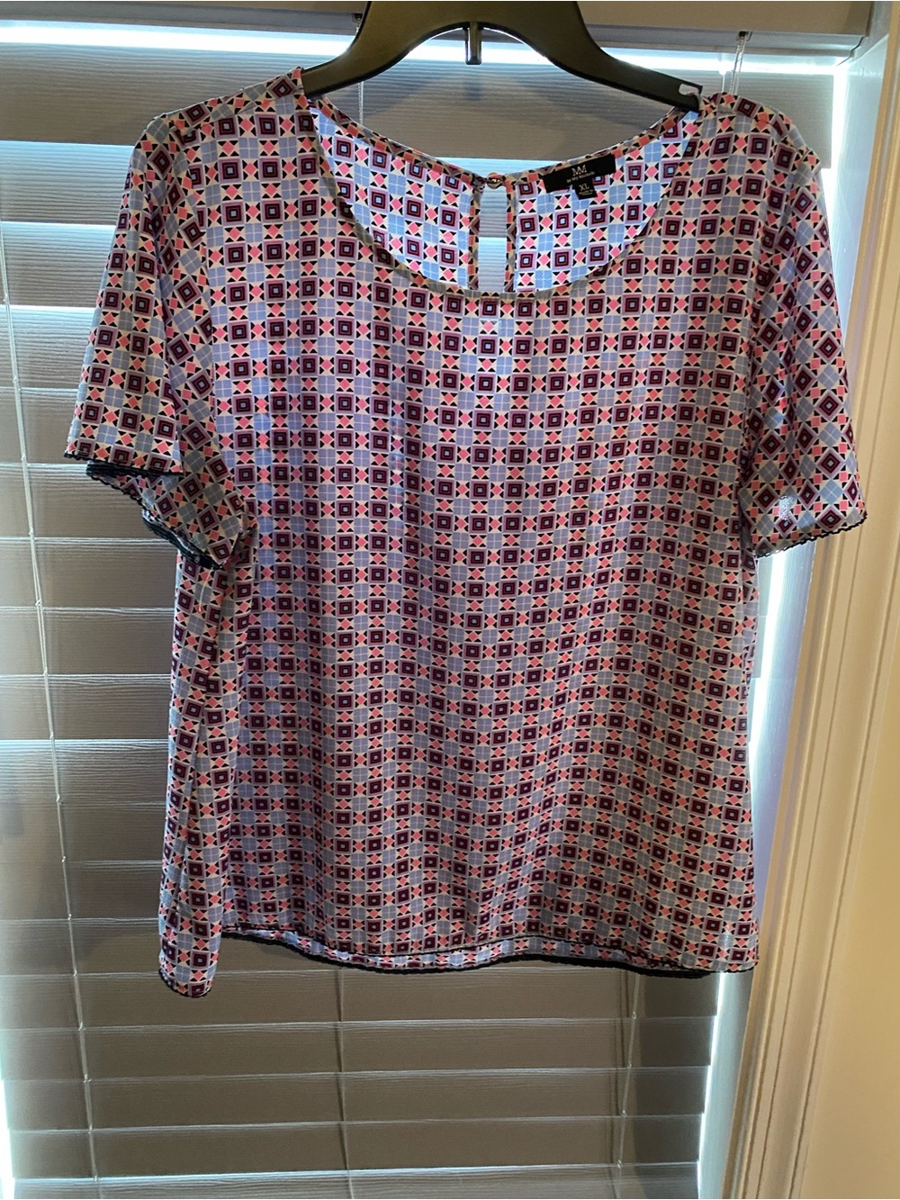 My Michelle Geometric Short Sleeve Blouse in Blue & Pink